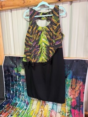 Lane Bryant Black Midi Dress with Green and Purple Leaf Print Overlay